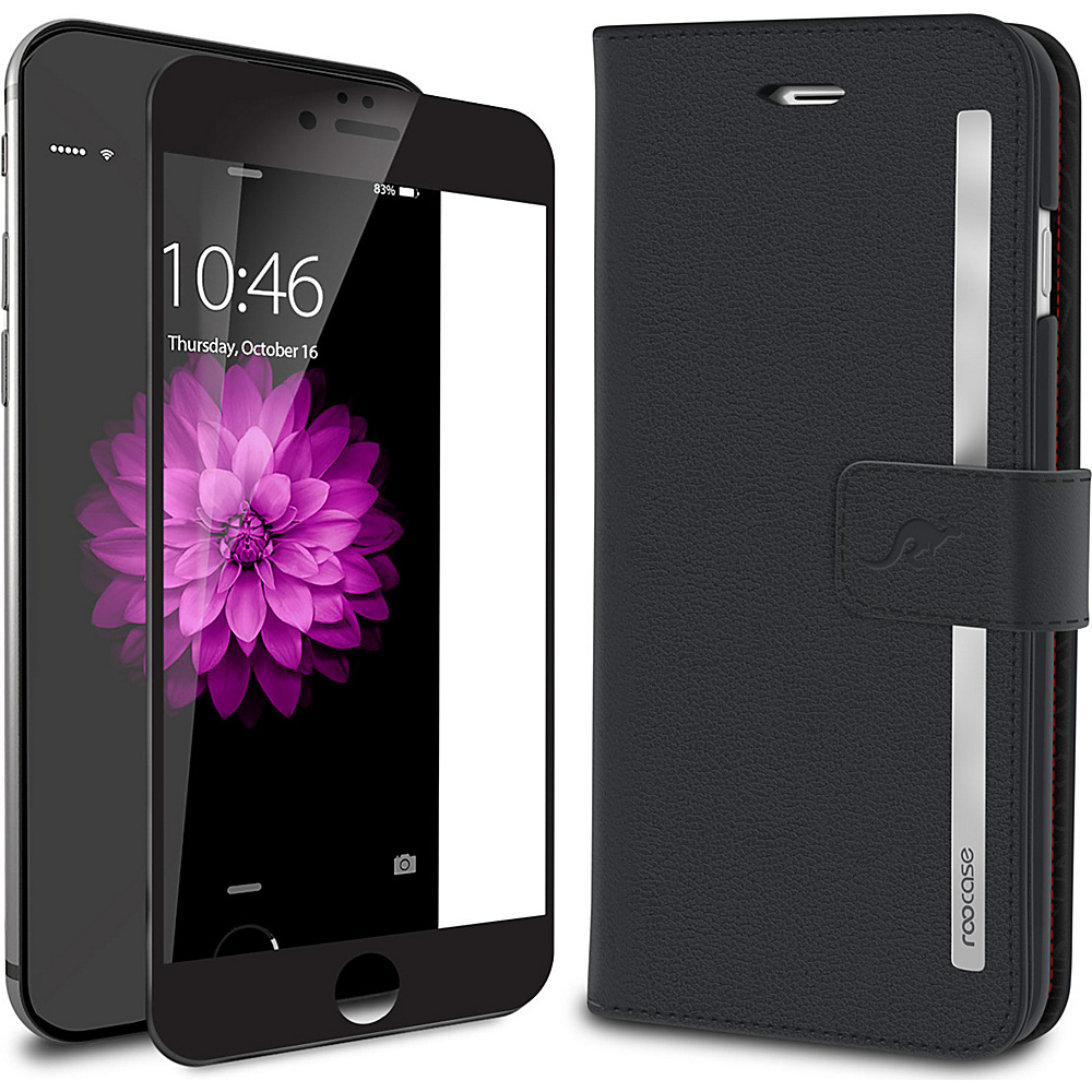 rooCASE Prestige Wallet Case Full Tempered Glass Black Bundle for iPhone 6s 6 Black rooCASE Electronic Cases