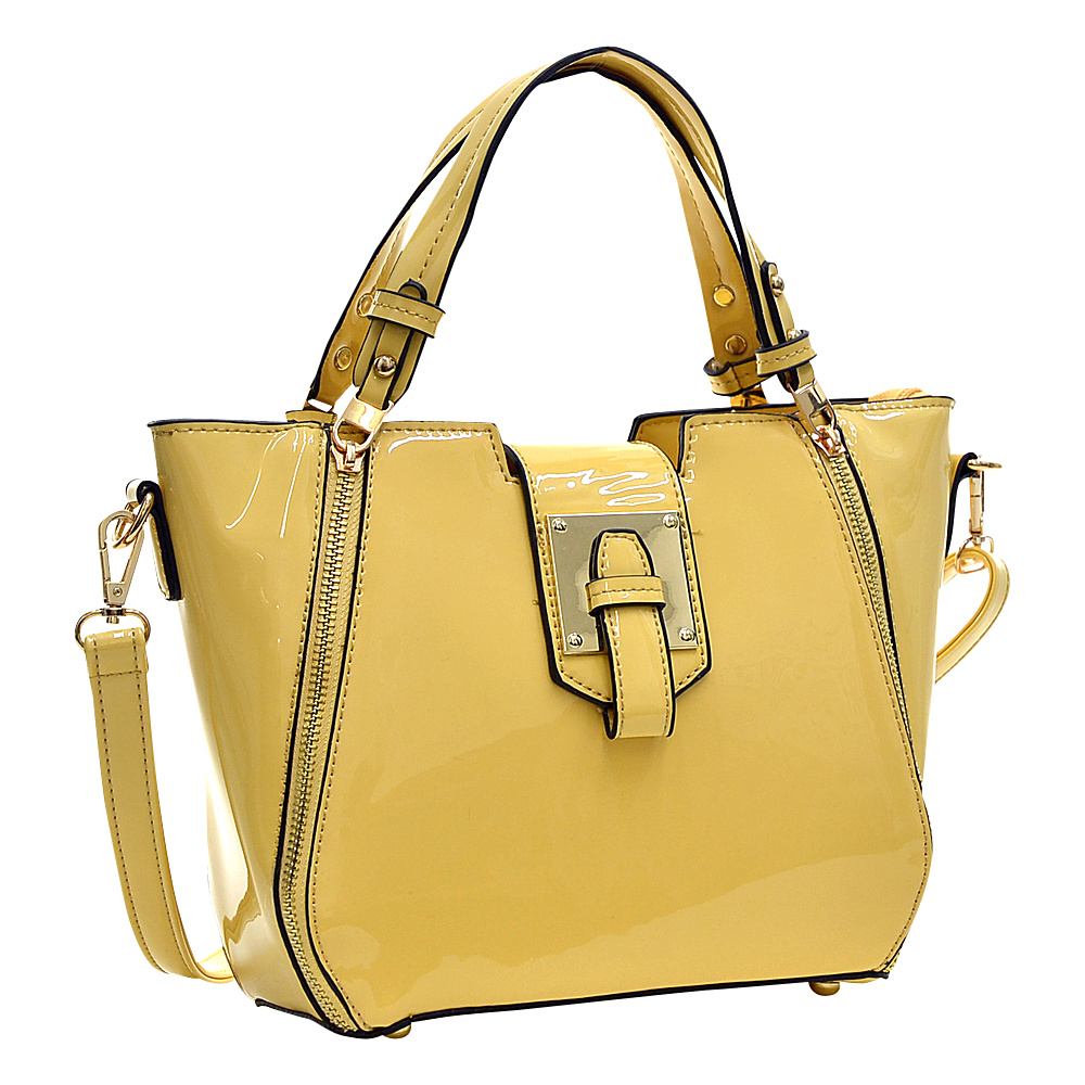 Dasein Patent Faux Leather Shoulder Bag with Zipper Front Detail Yellow Dasein Manmade Handbags