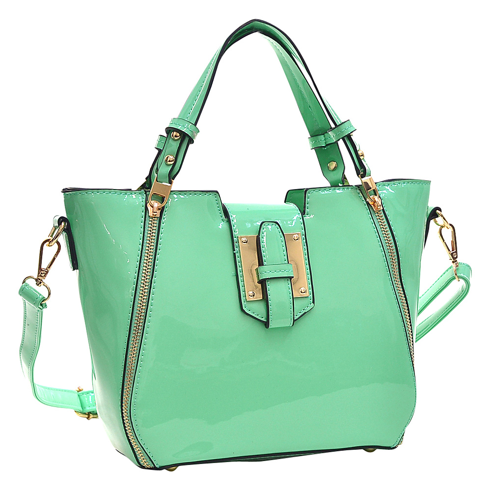 Dasein Patent Faux Leather Shoulder Bag with Zipper Front Detail Mint Green Dasein Manmade Handbags