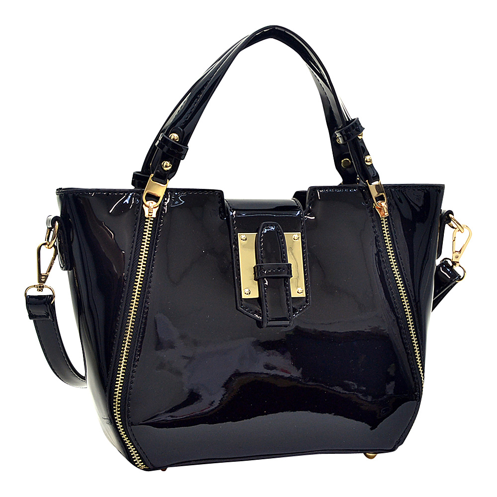 Dasein Patent Faux Leather Shoulder Bag with Zipper Front Detail Black Dasein Manmade Handbags