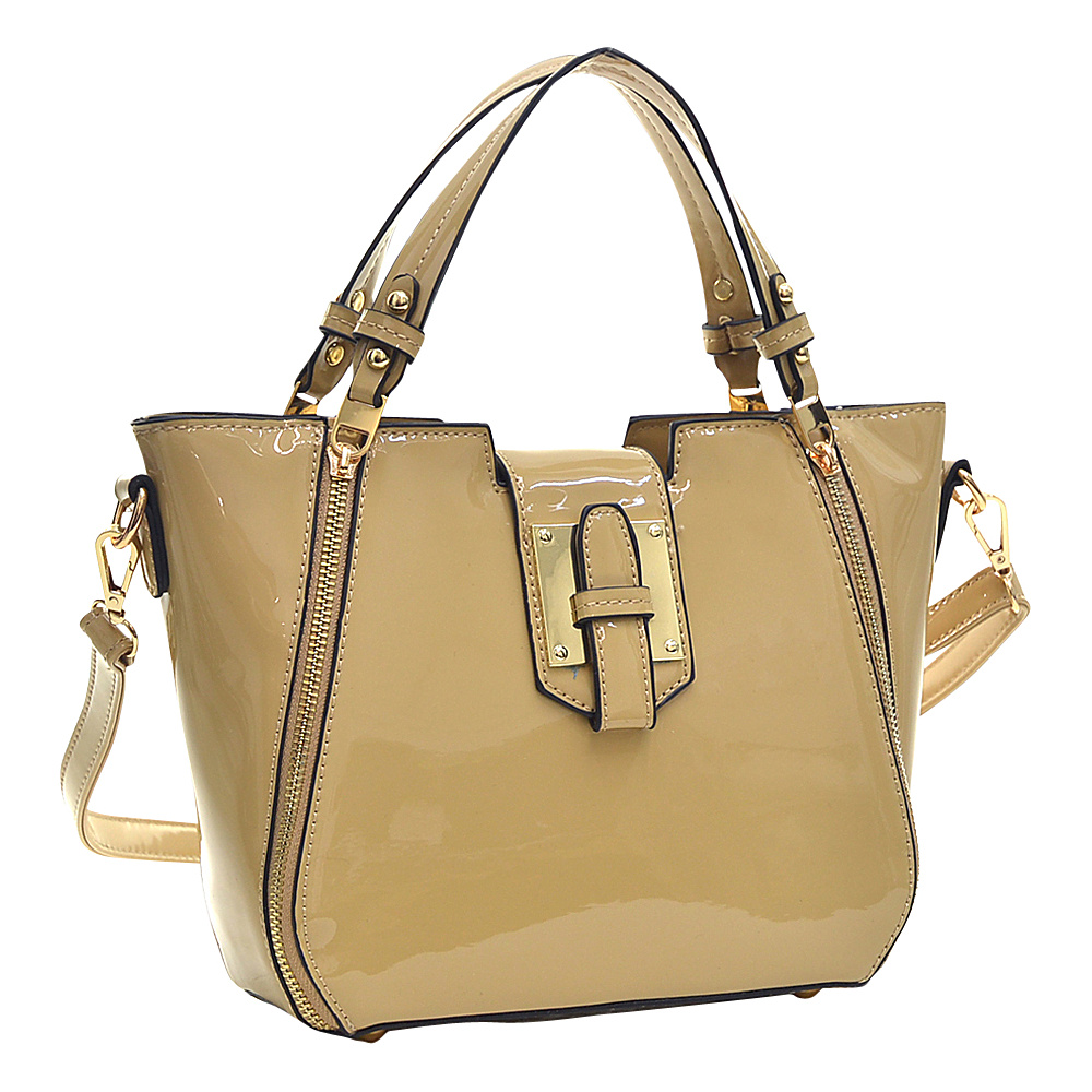 Dasein Patent Faux Leather Shoulder Bag with Zipper Front Detail Beige Dasein Manmade Handbags
