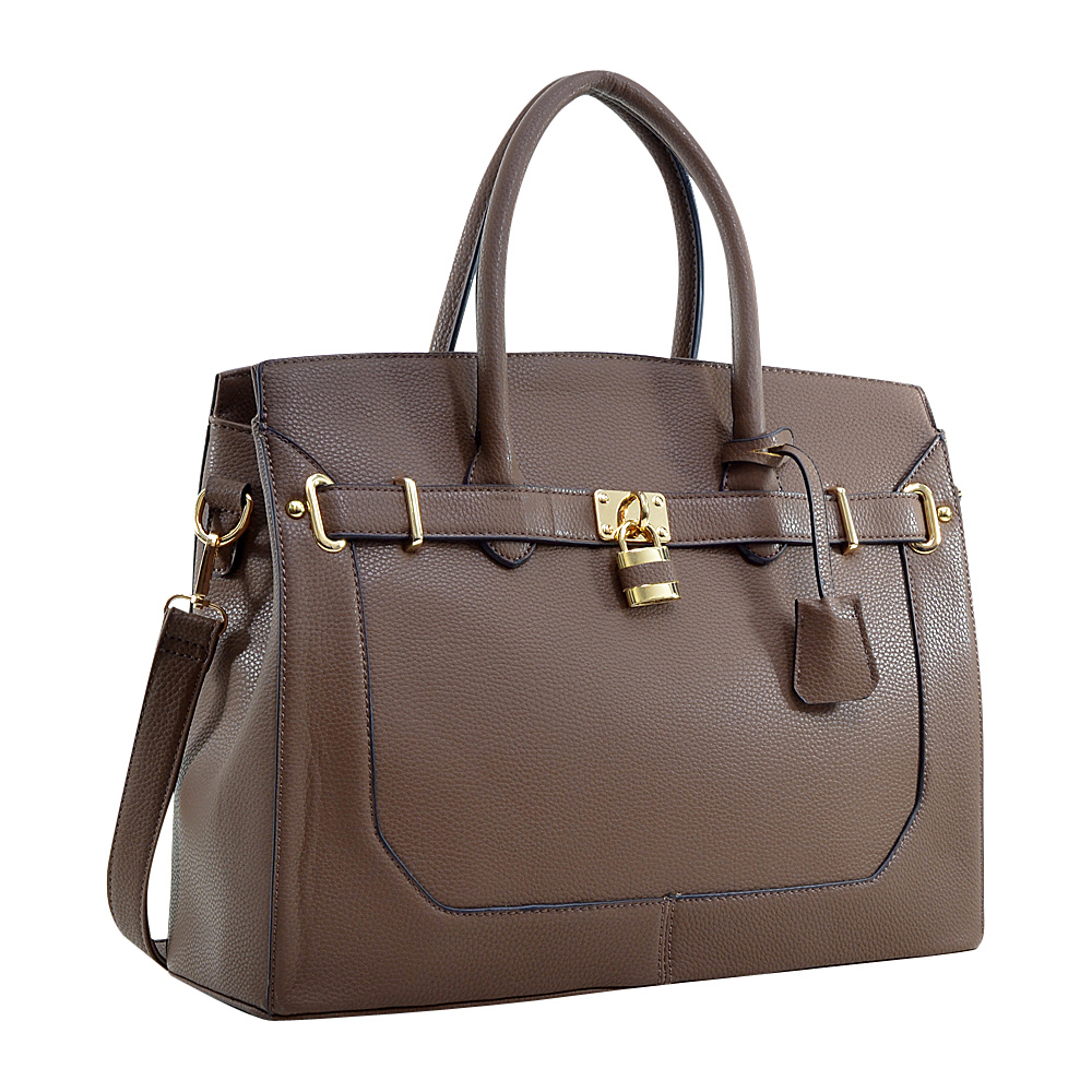 Dasein Faux Leather Padlock and Key Satchel Brown Dasein Manmade Handbags