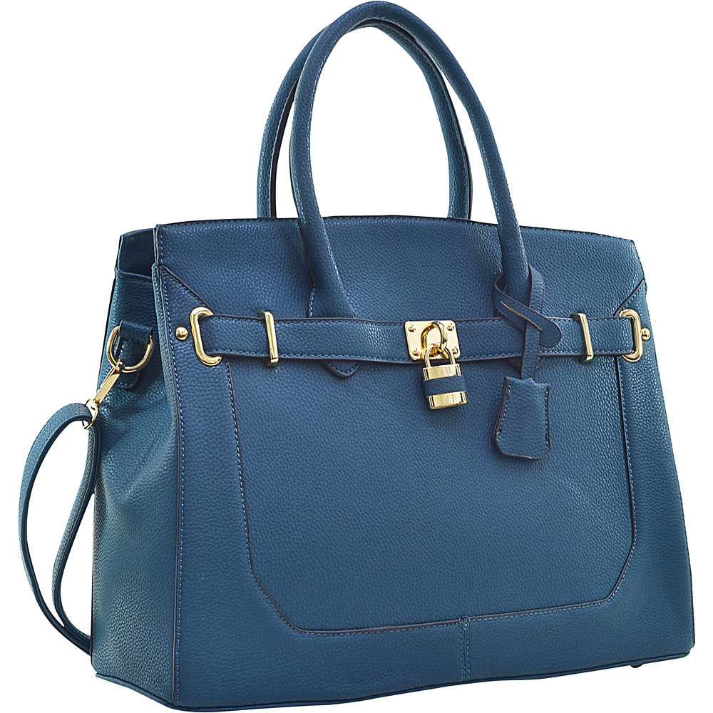 Dasein Faux Leather Padlock and Key Satchel Teal Blue Dasein Manmade Handbags