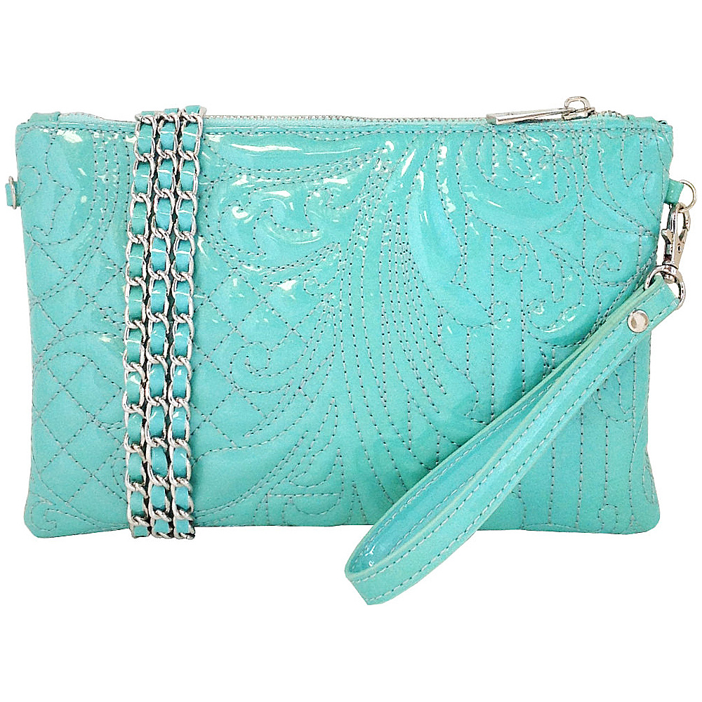 JNB Embroidered Patent Leather Wristlet Clutch Mint JNB Manmade Handbags
