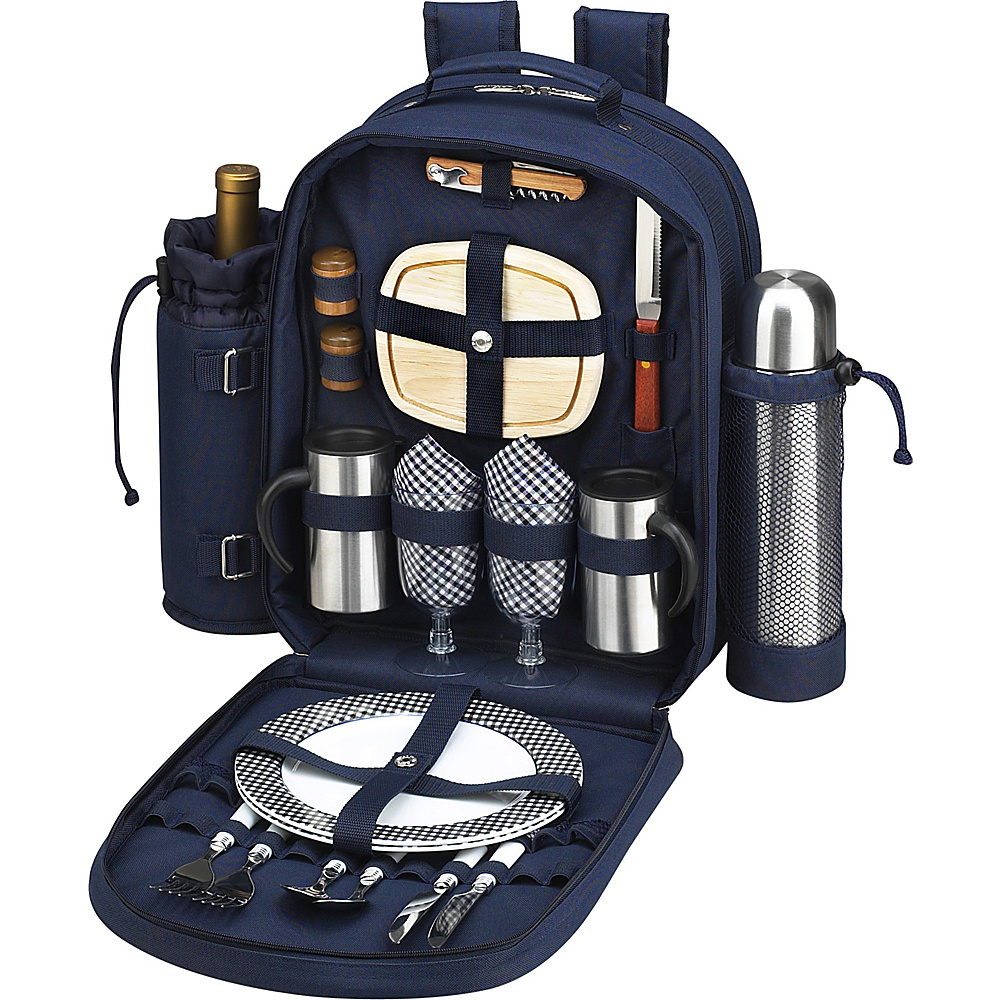 Picnic at Ascot Deluxe Equipped 2 Person Picnic Backpack with Coffee Service Cooler Insulated Wine Holder Navy White with Gingham Picnic at Ascot Outdoor Accessories