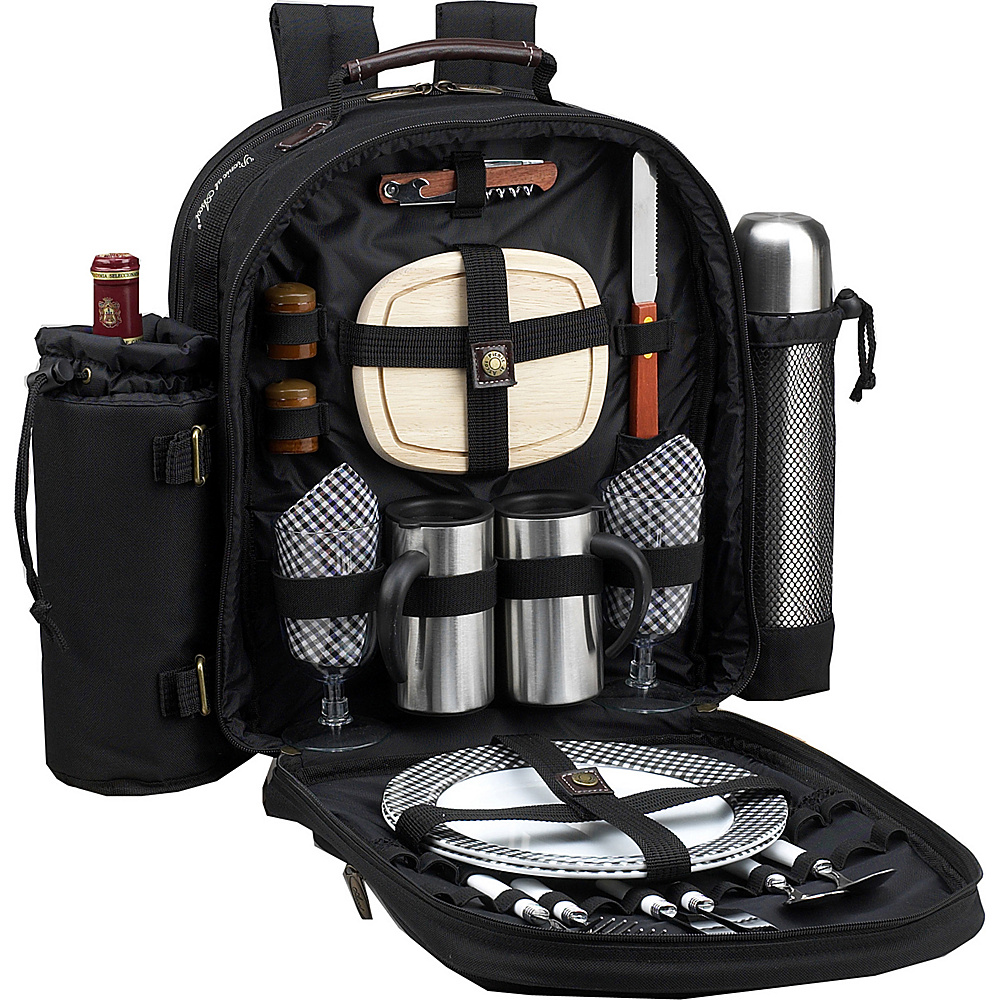 Picnic at Ascot Deluxe Equipped 2 Person Picnic Backpack with Coffee Service Cooler Insulated Wine Holder Black w Gingham Picnic at Ascot Outdoor Accessories