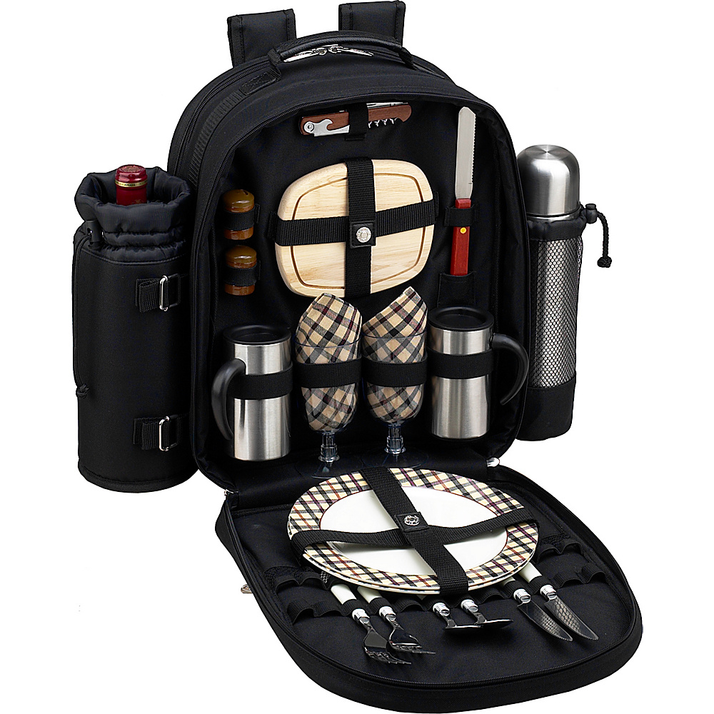 Picnic at Ascot Deluxe Equipped 2 Person Picnic Backpack with Coffee Service Cooler Insulated Wine Holder Black w London Plaid Picnic at Ascot Outdoor Accessories