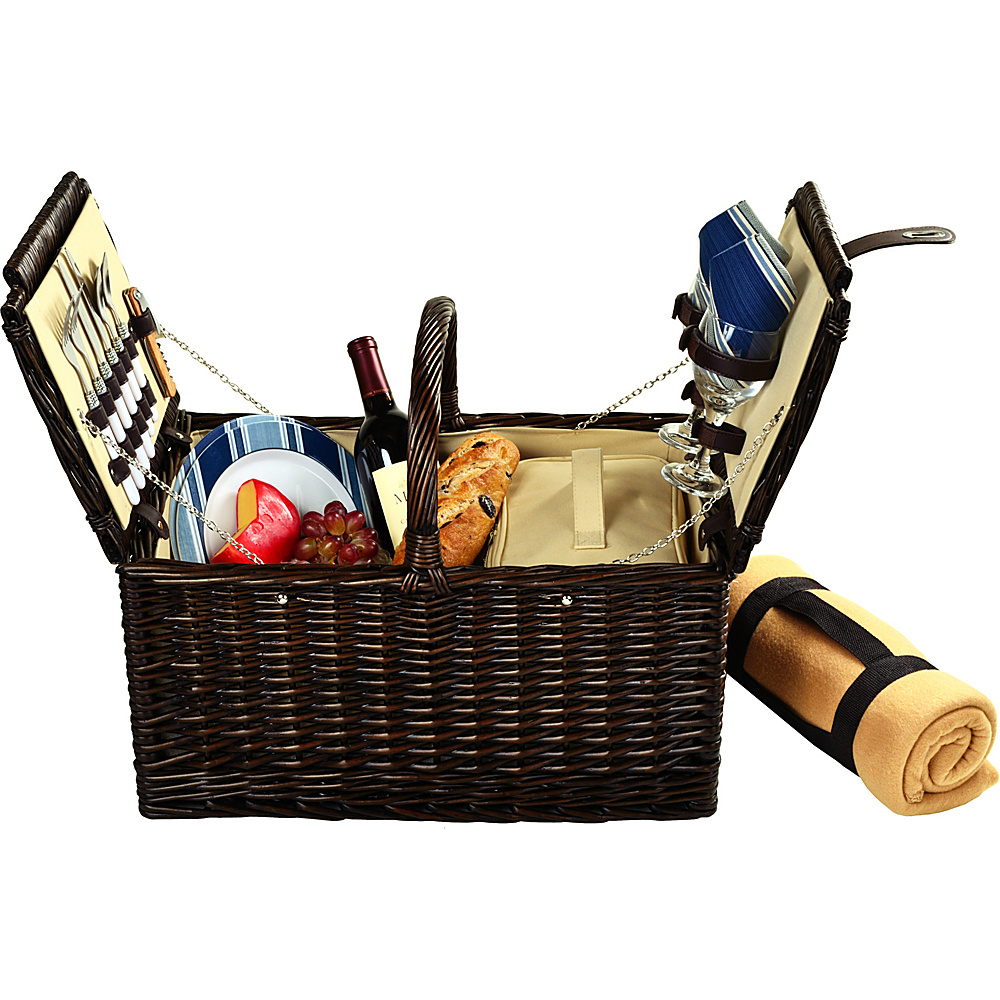 Picnic at Ascot Surrey Willow Picnic Basket with Service for 2 with Blanket Brown Wicker Blue Stripe Picnic at Ascot Outdoor Accessories