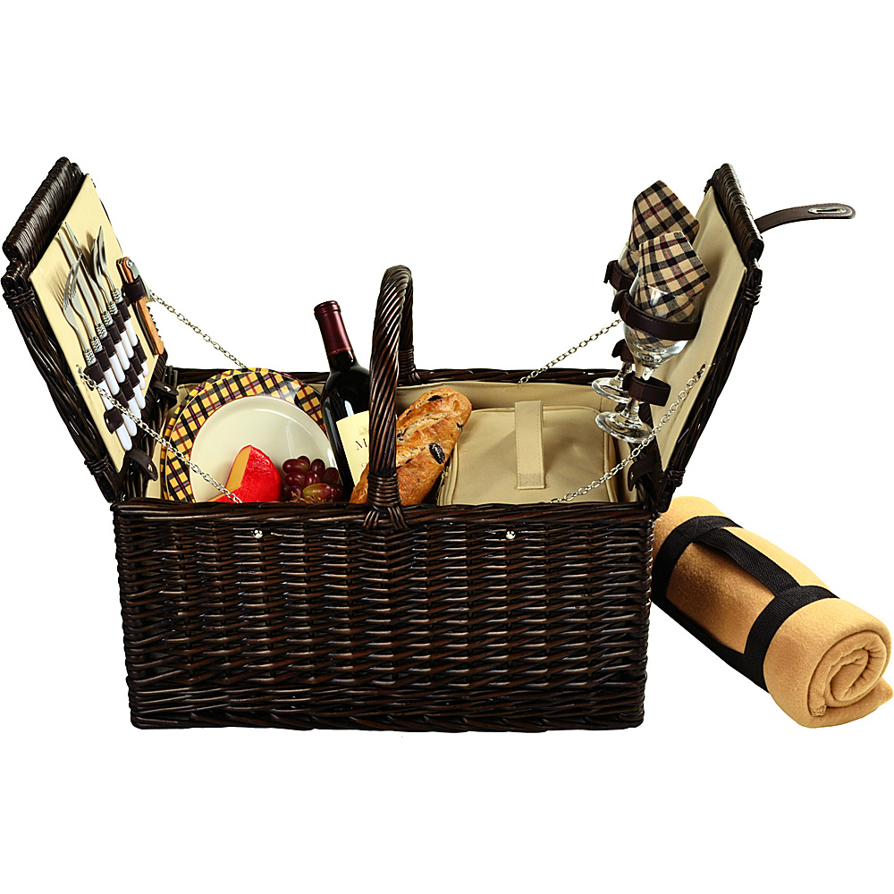 Picnic at Ascot Surrey Willow Picnic Basket with Service for 2 with Blanket Brown Wicker London Plaid Picnic at Ascot Outdoor Accessories