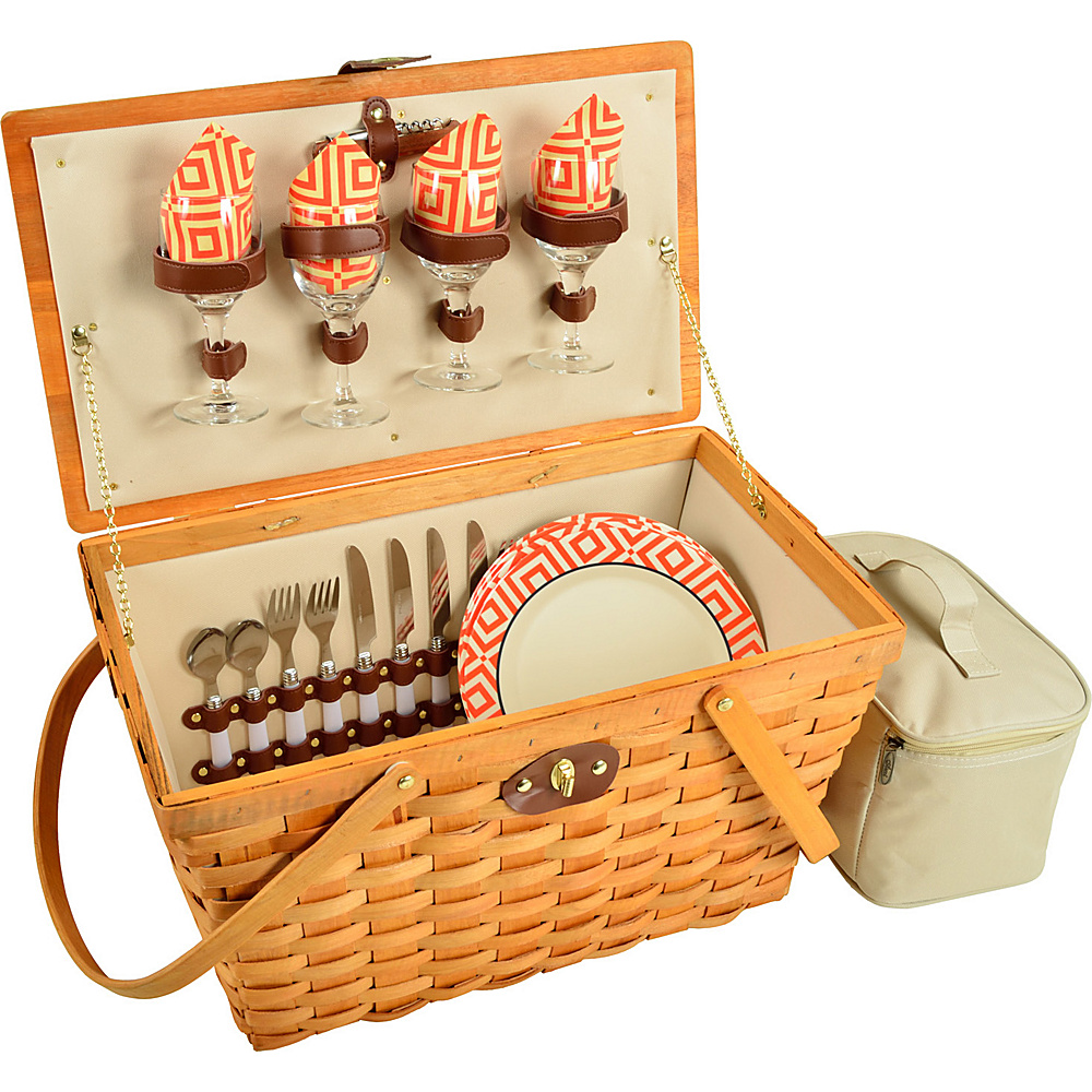 Picnic at Ascot Settler Traditional American Style Picnic Basket with Service for 4 Honey Diamond Orange Picnic at Ascot Outdoor Accessories