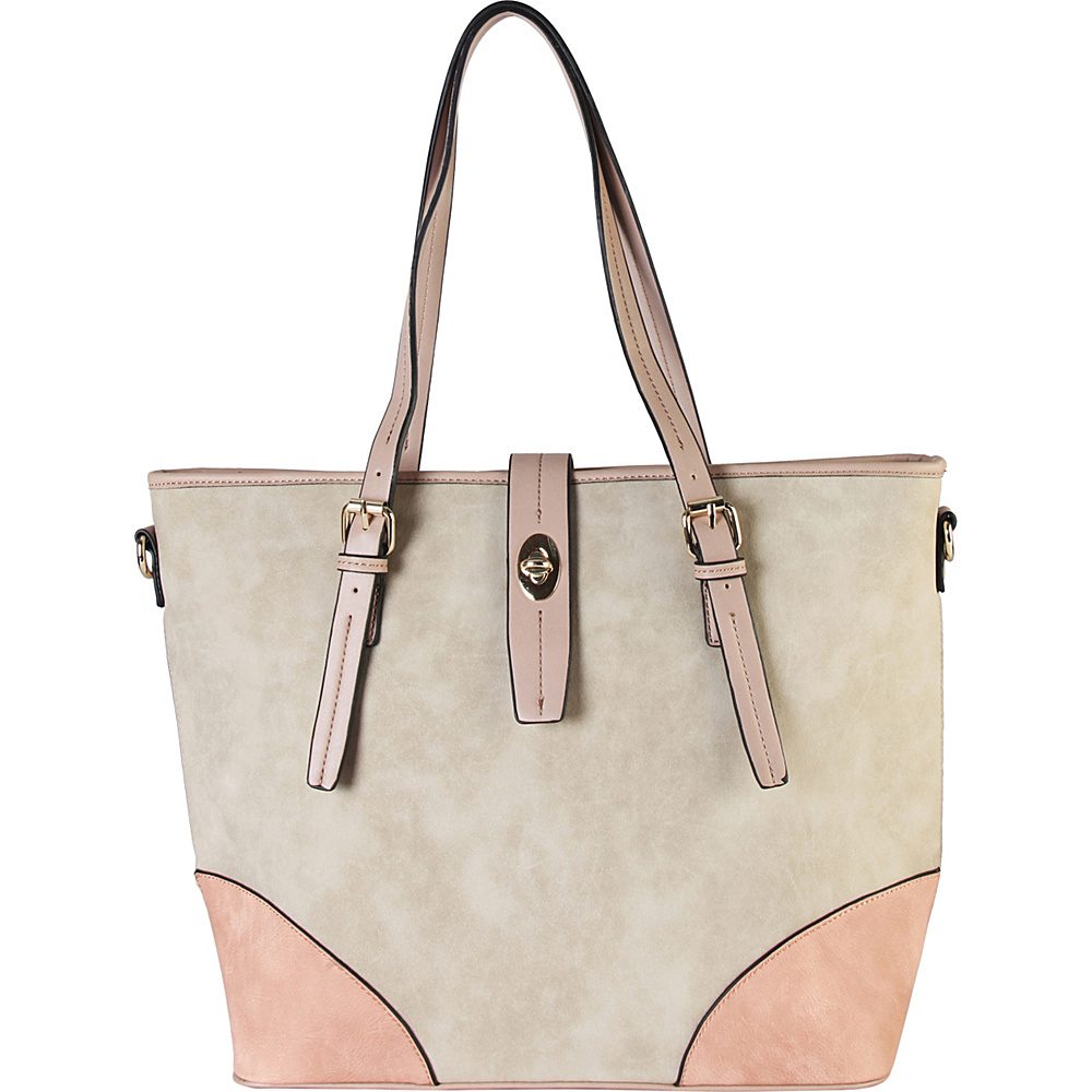 Diophy 2 tone Faux Leather Large Tote Accented with Turn Lock Belt Beige Diophy Manmade Handbags