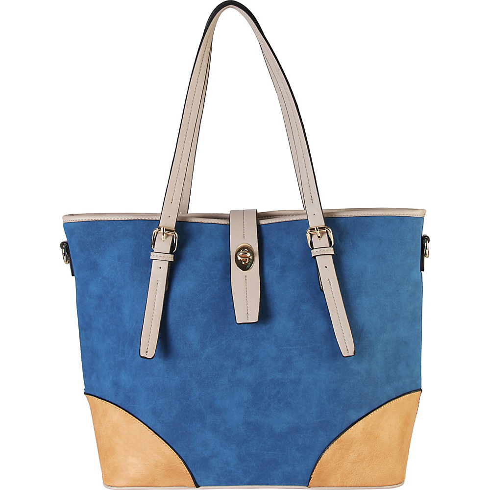 Diophy 2 tone Faux Leather Large Tote Accented with Turn Lock Belt Blue Diophy Manmade Handbags