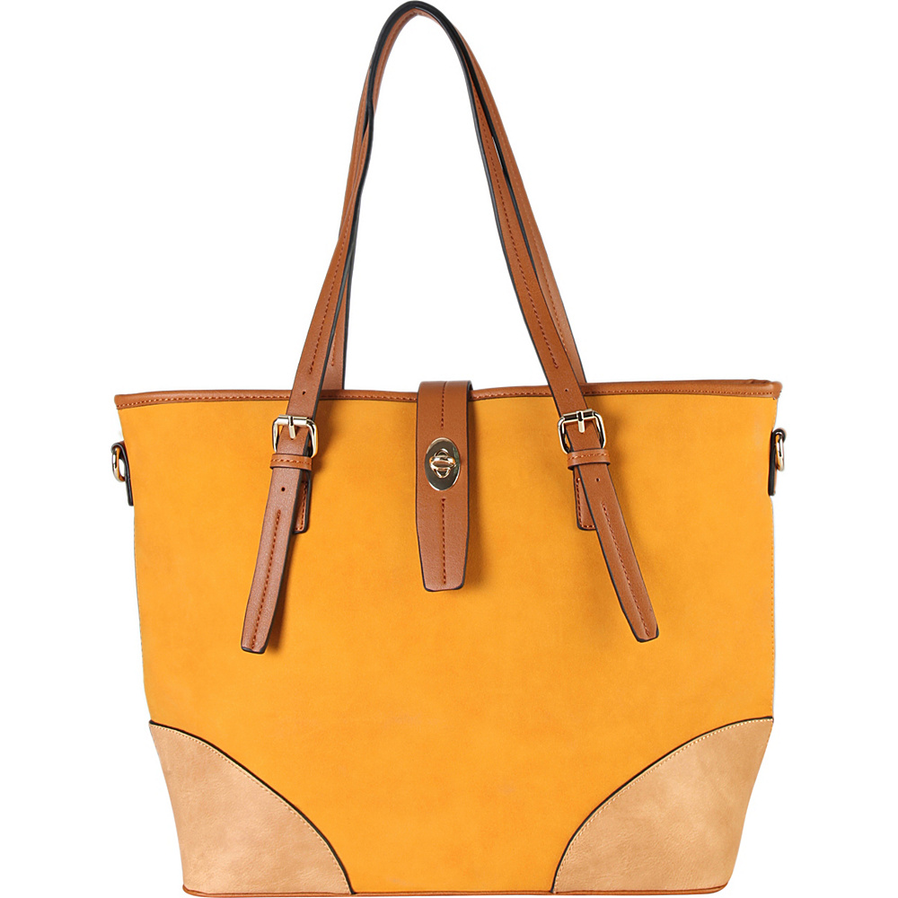 Diophy 2 tone Faux Leather Large Tote Accented with Turn Lock Belt Yellow Diophy Manmade Handbags