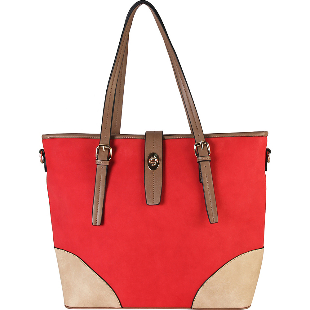 Diophy 2 tone Faux Leather Large Tote Accented with Turn Lock Belt Red Diophy Manmade Handbags