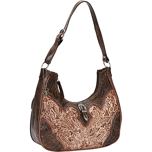 American West Annie's Secret Collection Scoop-top Hobo Distressed Charcoal Brown accented with Cream and - American West Leather Handbags