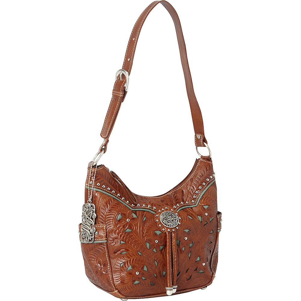 American West Lady Lace Zip top Hobo Antique Brown w turq accents American West Leather Handbags