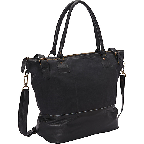 Sharo Leather Bags Large Leather Tote with Canvas Black - Sharo Leather Bags Leather Handbags