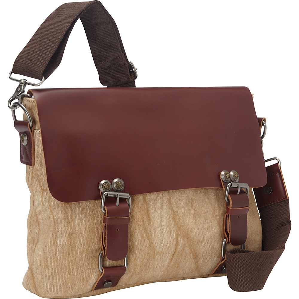 Vagabond Traveler Casual Style Cowhide Leather Linen Fabric Messenger Bag Khaki Vagabond Traveler Messenger Bags