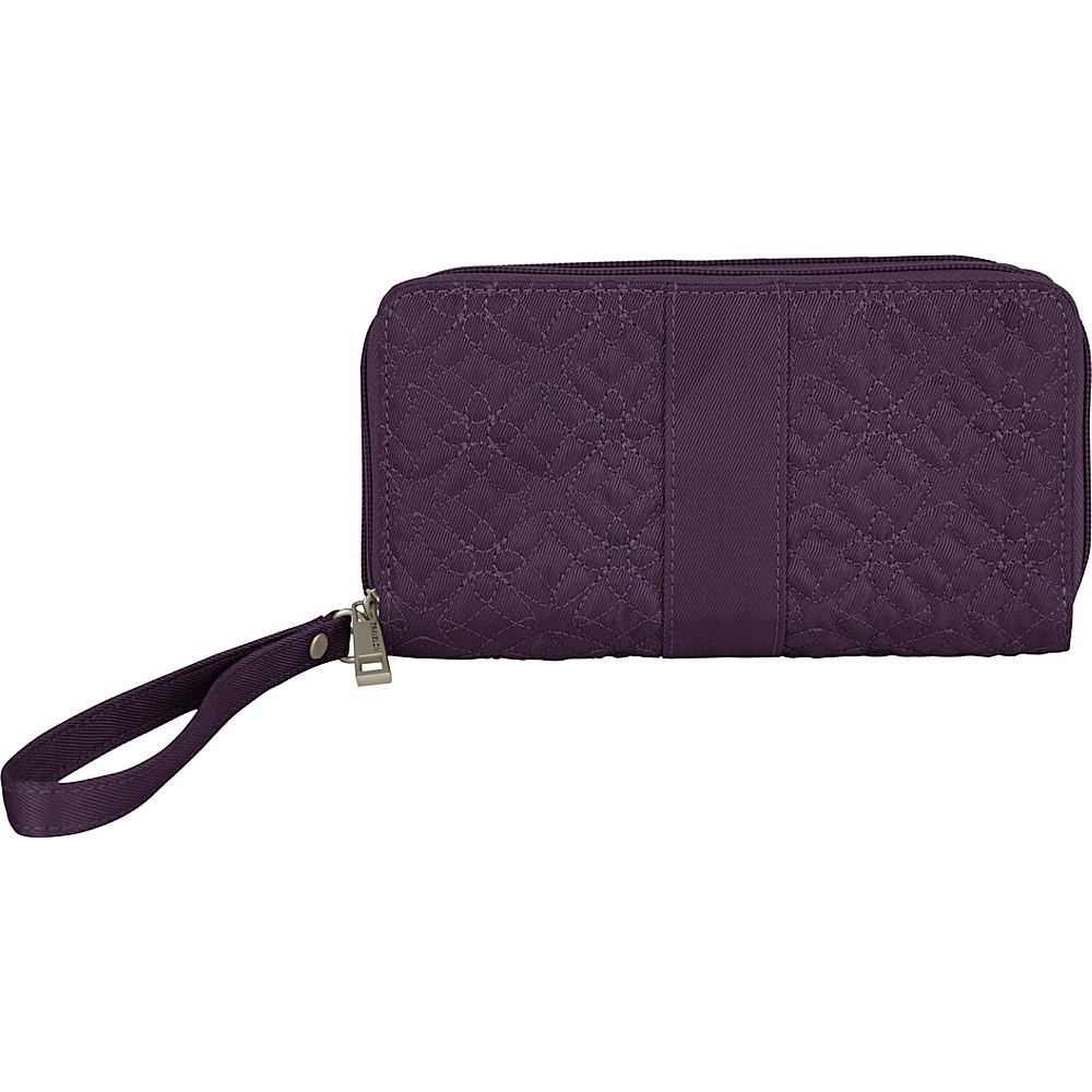 Travelon Signature Embroidered Double Zip Clutch Wallet Eggplant Travelon Ladies Clutch Wallets