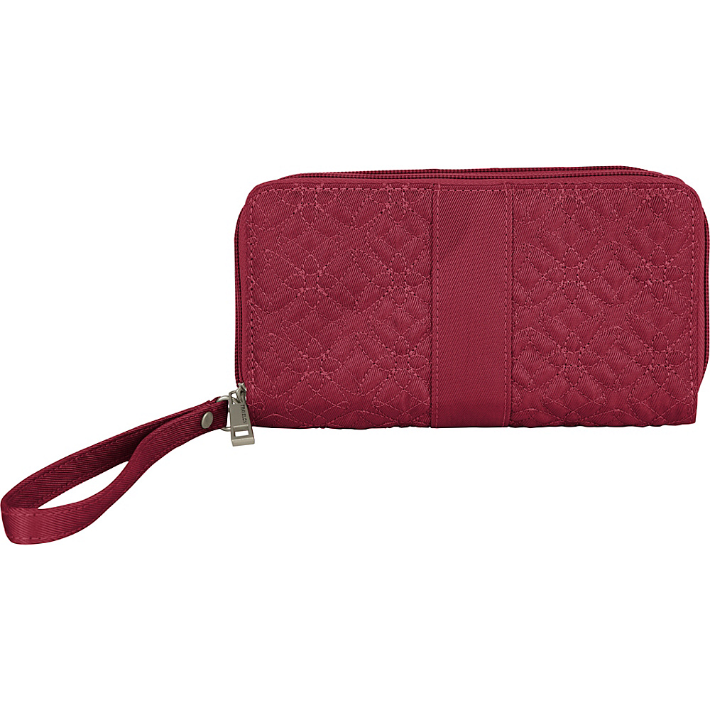 Travelon Signature Embroidered Double Zip Clutch Wallet Cranberry Travelon Ladies Clutch Wallets
