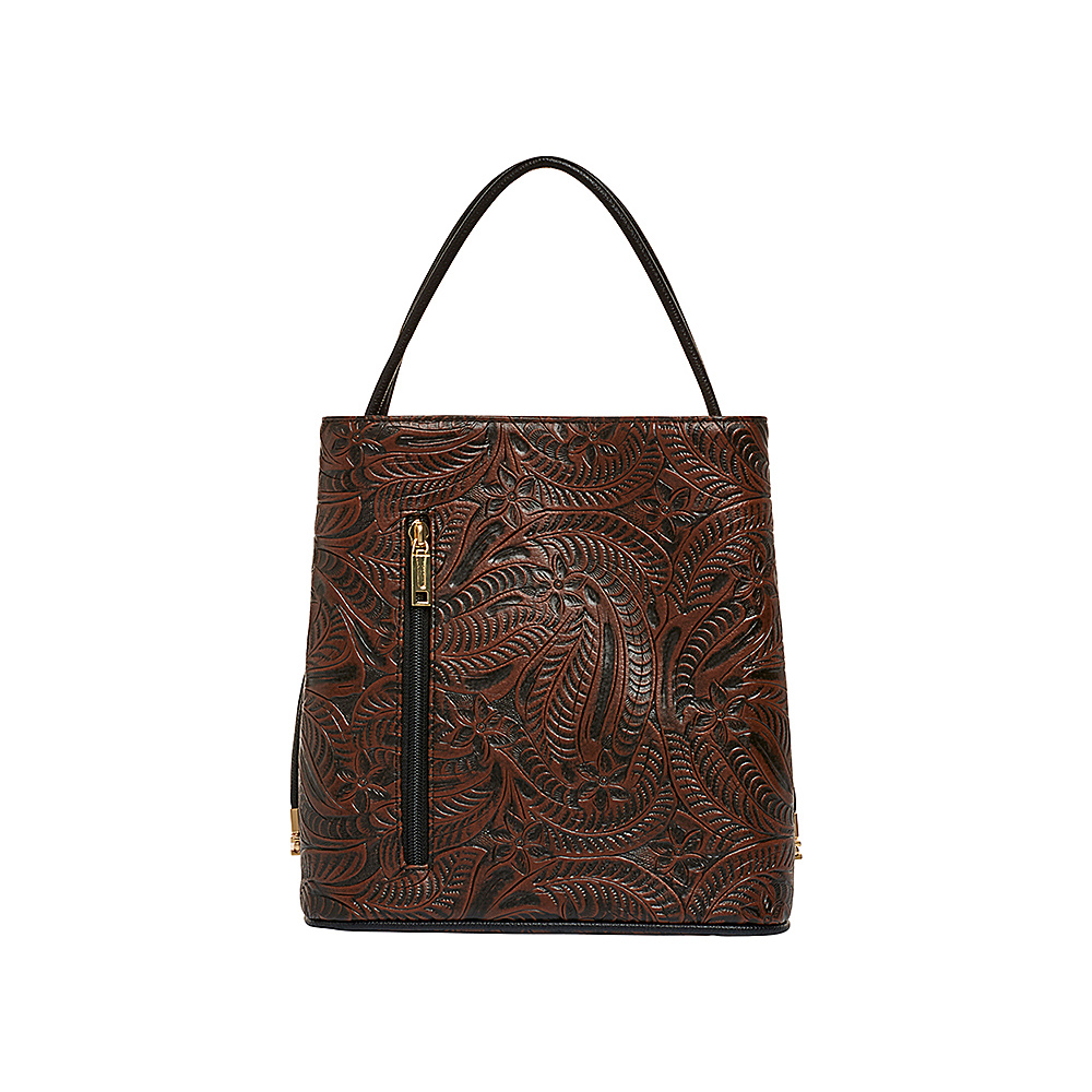 Samoe Classic Convertible Handbag Embossed Chocolate Brown Tooled Black Handle Classic Samoe Manmade Handbags