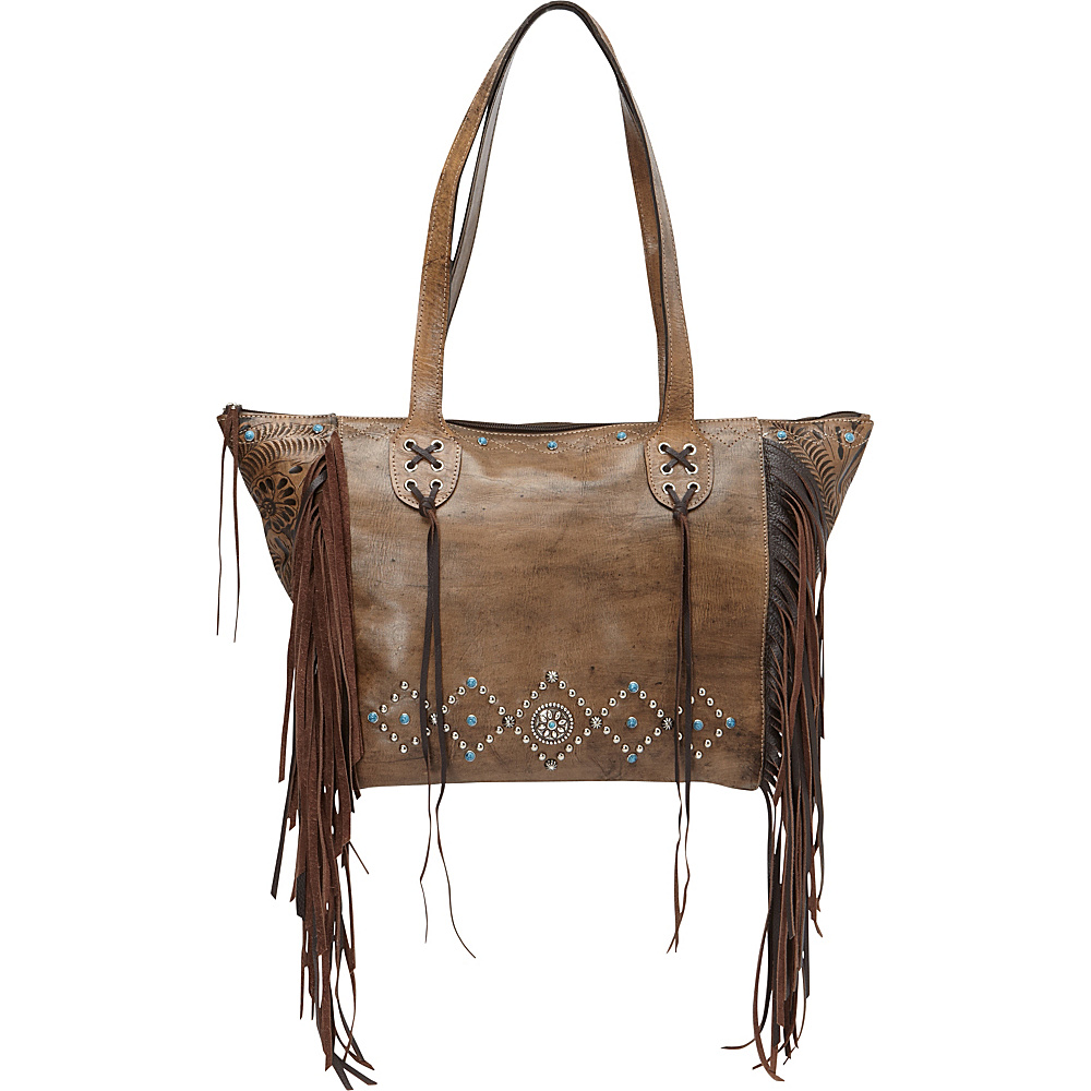 American West Canyon Creek Zip top Fringe Tote Distressed Charcoal Brown American West Leather Handbags