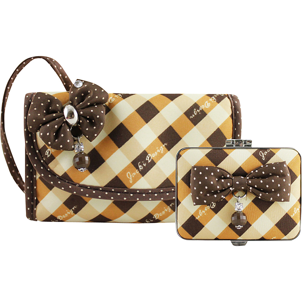 Jacki Design Retro Plaid Wristlet and Compact Mirror Set Brown Jacki Design Fabric Handbags