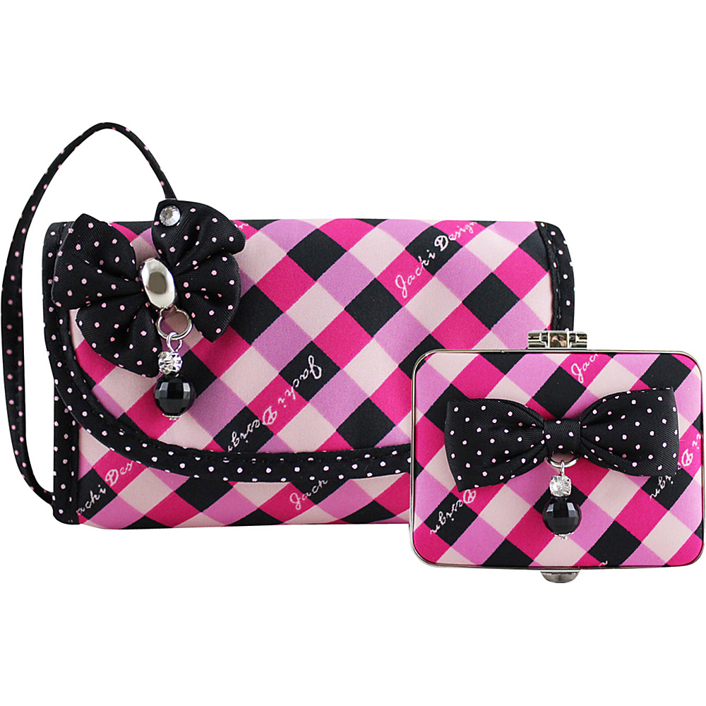 Jacki Design Retro Plaid Wristlet and Compact Mirror Set Hot Pink Jacki Design Fabric Handbags