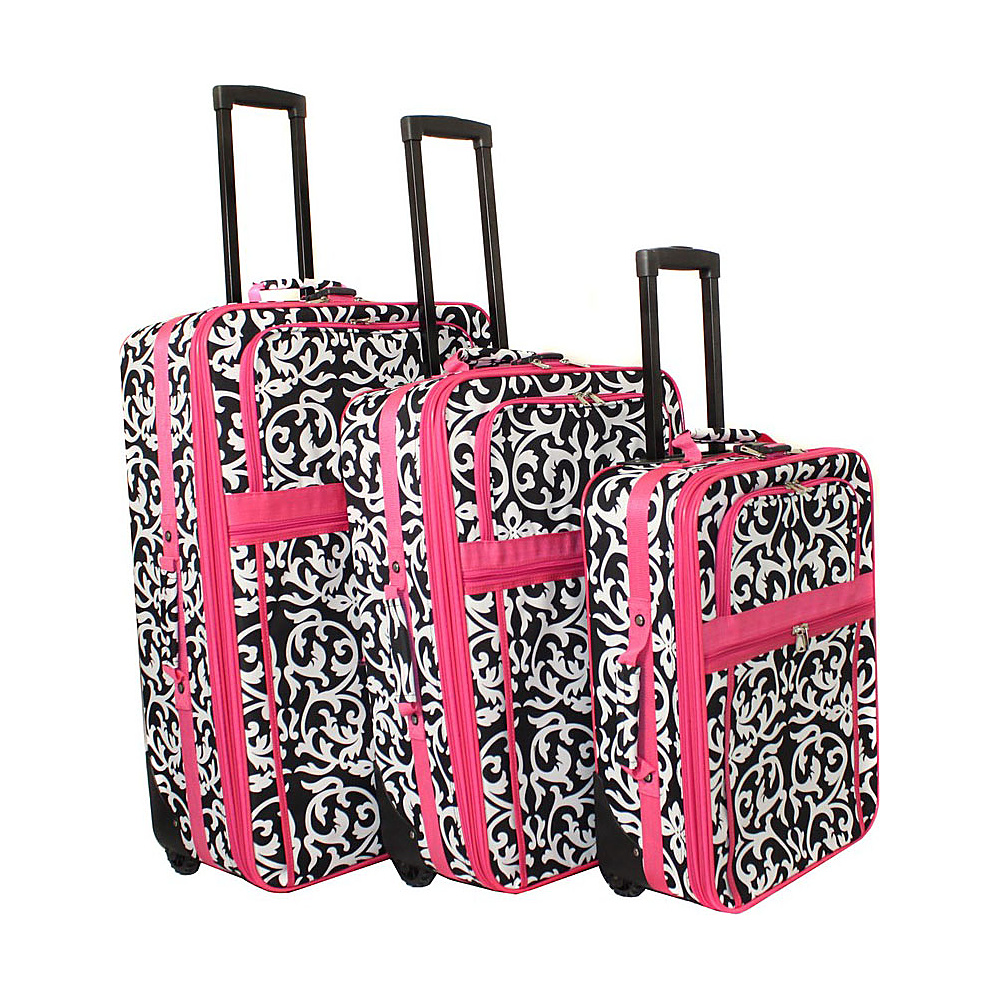 World Traveler Damask 3 Piece Expandable Upright Luggage Set Pink Trim Damask World Traveler Luggage Sets