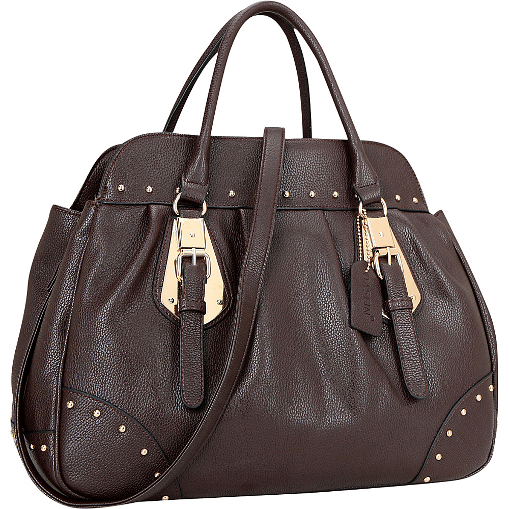 Dasein Large Studded Faux Leather Satchel Coffee Dasein Manmade Handbags