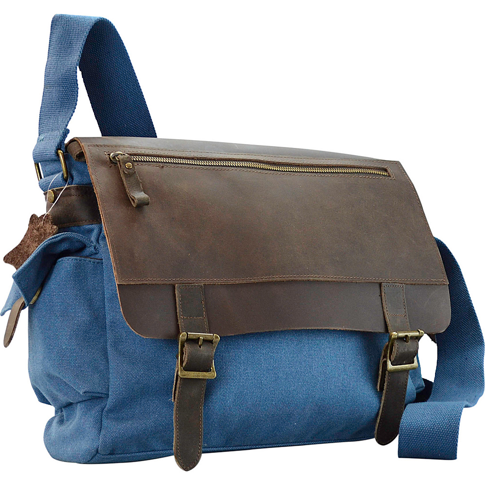 R R Collections Canvas Messenger Bag With Leather On Flap Blue R R Collections Messenger Bags