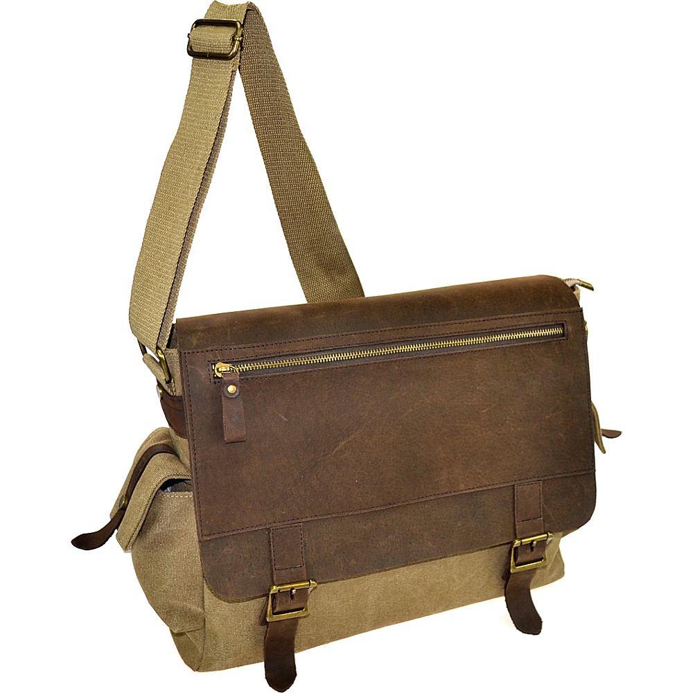 R R Collections Canvas Messenger Bag With Leather On Flap KHAKI R R Collections Messenger Bags