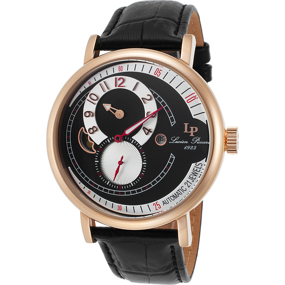Lucien Piccard Watches Supernova Regulator Automatic Leather Band Watch Black Black amp; White Rose Gold Lucien Piccard Watches Watches