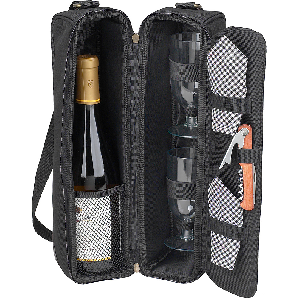 Picnic at Ascot Deluxe Insulated Wine Tote with 2 Wine Glasses Napkins and Corkscrew Black Gingham Picnic at Ascot Outdoor Accessories