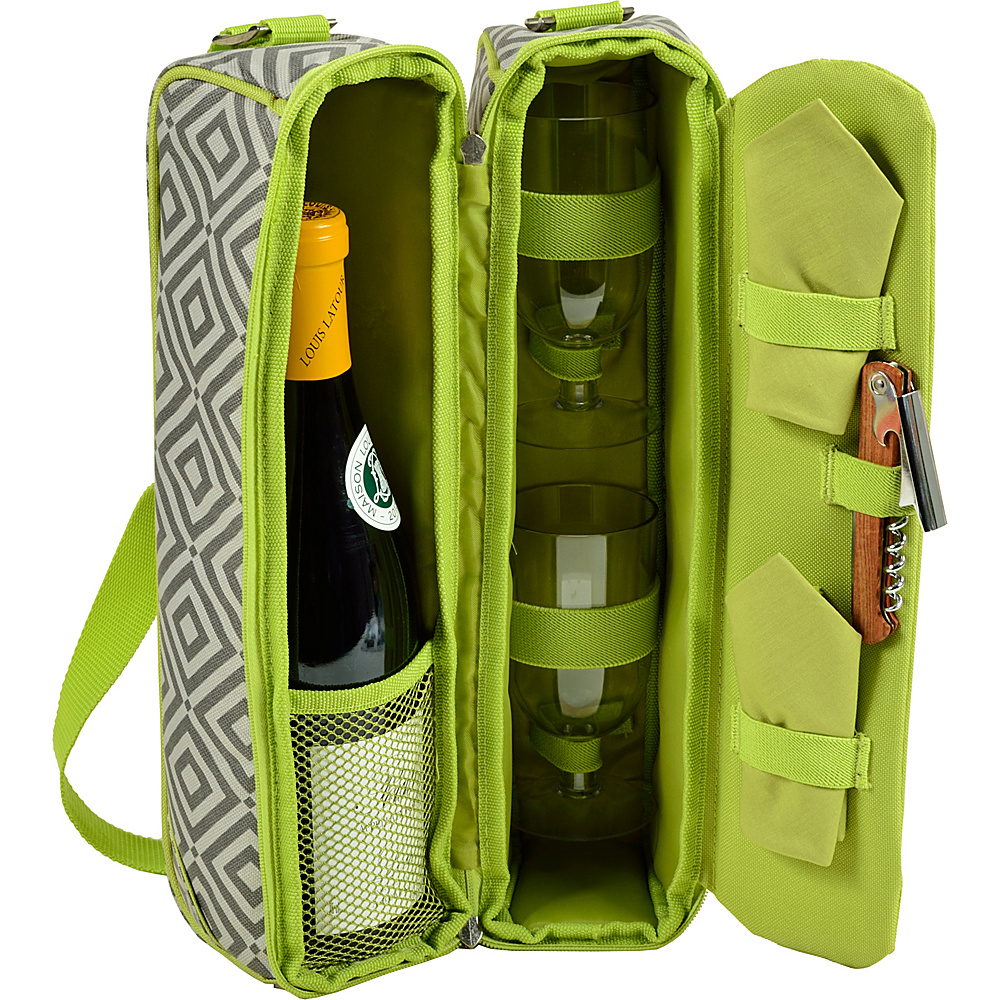 Picnic at Ascot Deluxe Insulated Wine Tote with 2 Wine Glasses Napkins and Corkscrew Granite Grey Green Picnic at Ascot Outdoor Accessories
