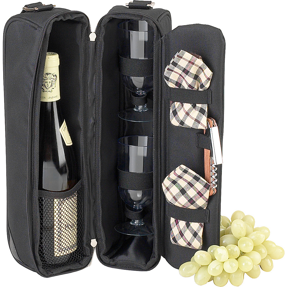 Picnic at Ascot Deluxe Insulated Wine Tote with 2 Wine Glasses Napkins and Corkscrew Black w London Plaid Picnic at Ascot Outdoor Accessories