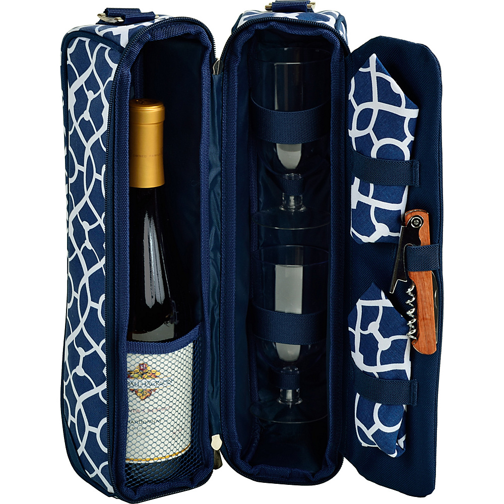 Picnic at Ascot Deluxe Insulated Wine Tote with 2 Wine Glasses Napkins and Corkscrew Trellis Blue Picnic at Ascot Outdoor Accessories