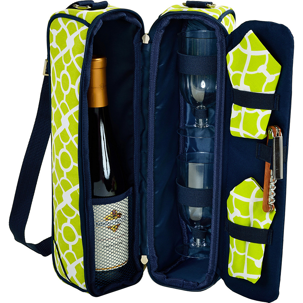 Picnic at Ascot Deluxe Insulated Wine Tote with 2 Wine Glasses Napkins and Corkscrew Trellis Green Picnic at Ascot Outdoor Accessories