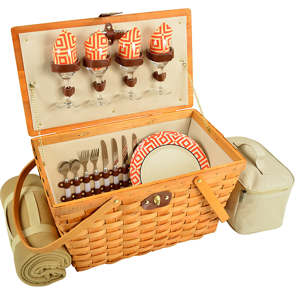 Picnic at Ascot Settler Traditional American Style Picnic Basket with Service for 4 Blanket Honey Diamond Orange Picnic at Ascot Outdoor Accessories