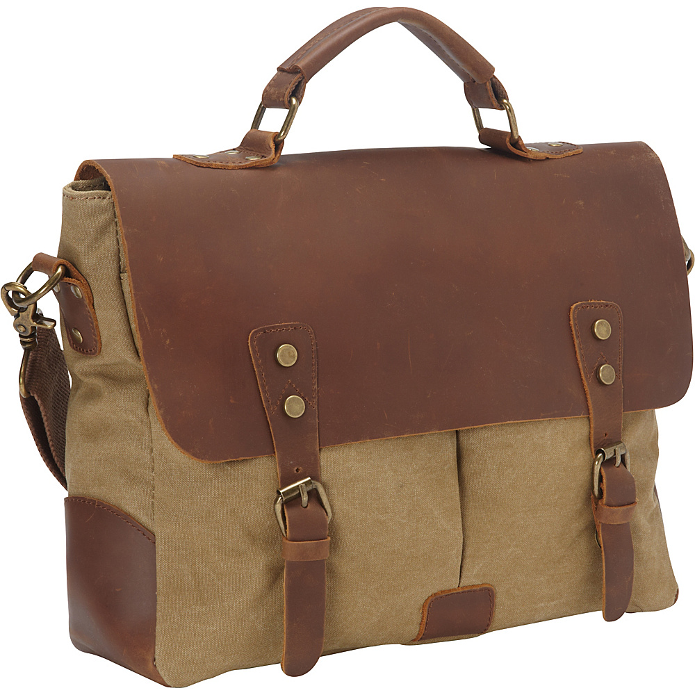 Vagabond Traveler Casual Style Cowhide Leather Cotton Canvas Messenger Bag Khaki Vagabond Traveler Messenger Bags
