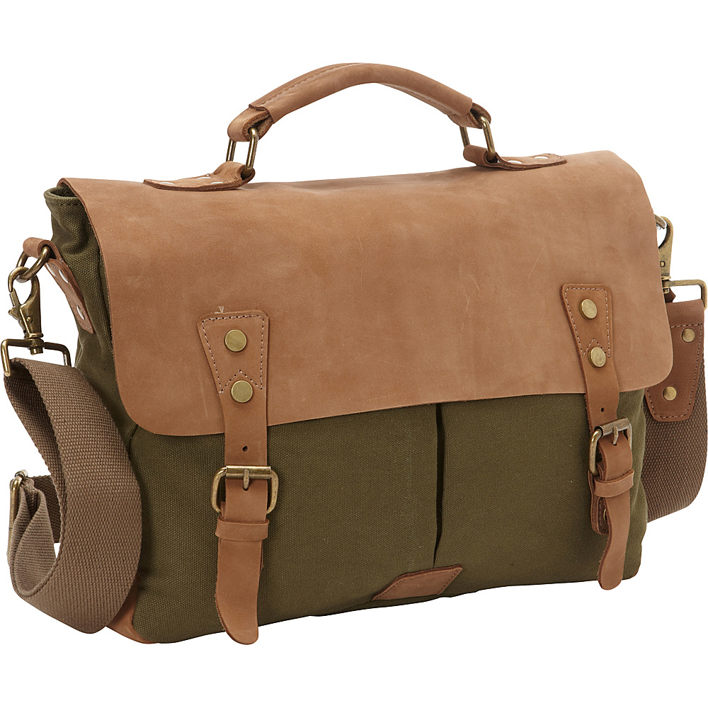 Vagabond Traveler Casual Style Cowhide Leather Cotton Canvas Messenger Bag Green Vagabond Traveler Messenger Bags