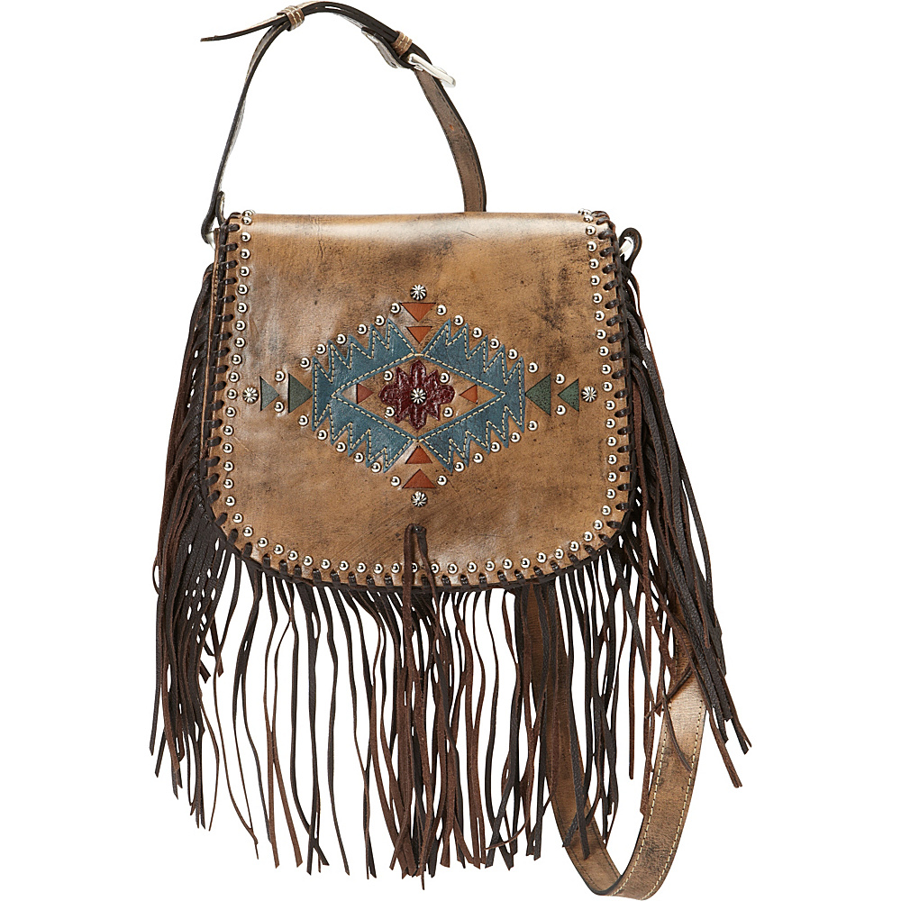 American West Pueblo Moon Fringe Flap Crossbody Distressed Charcoal Brown American West Leather Handbags