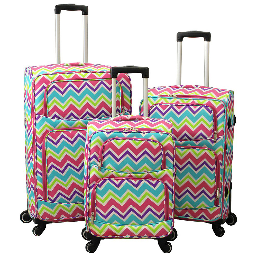World Traveler Chevron Multi 3 Piece Expandable Upright Spinner Luggage Set Pink Trim Chevron Multi World Traveler Luggage Sets