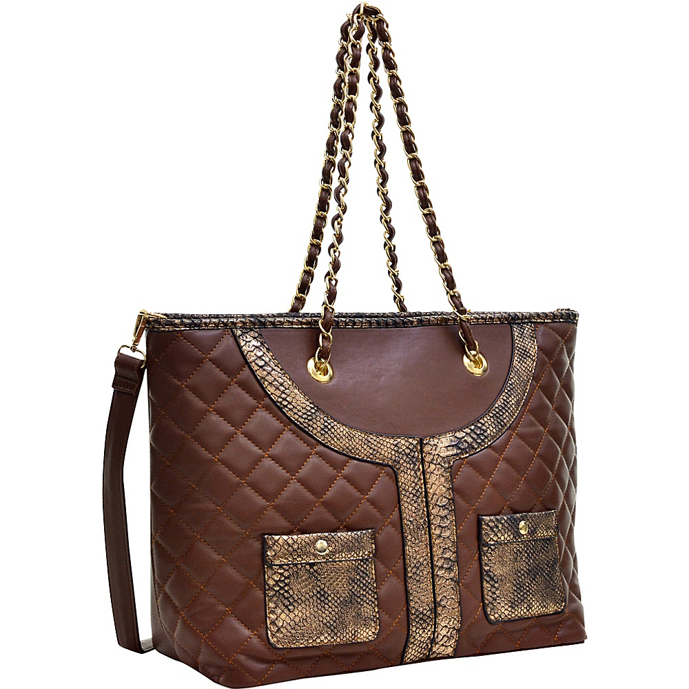 Dasein Quilted Tote Bag with Snake Embossed Trim Coffee Gold Dasein Manmade Handbags