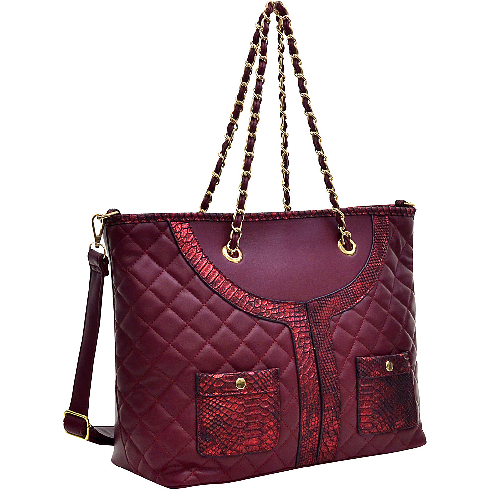 Dasein Quilted Tote Bag with Snake Embossed Trim Wine Dasein Manmade Handbags