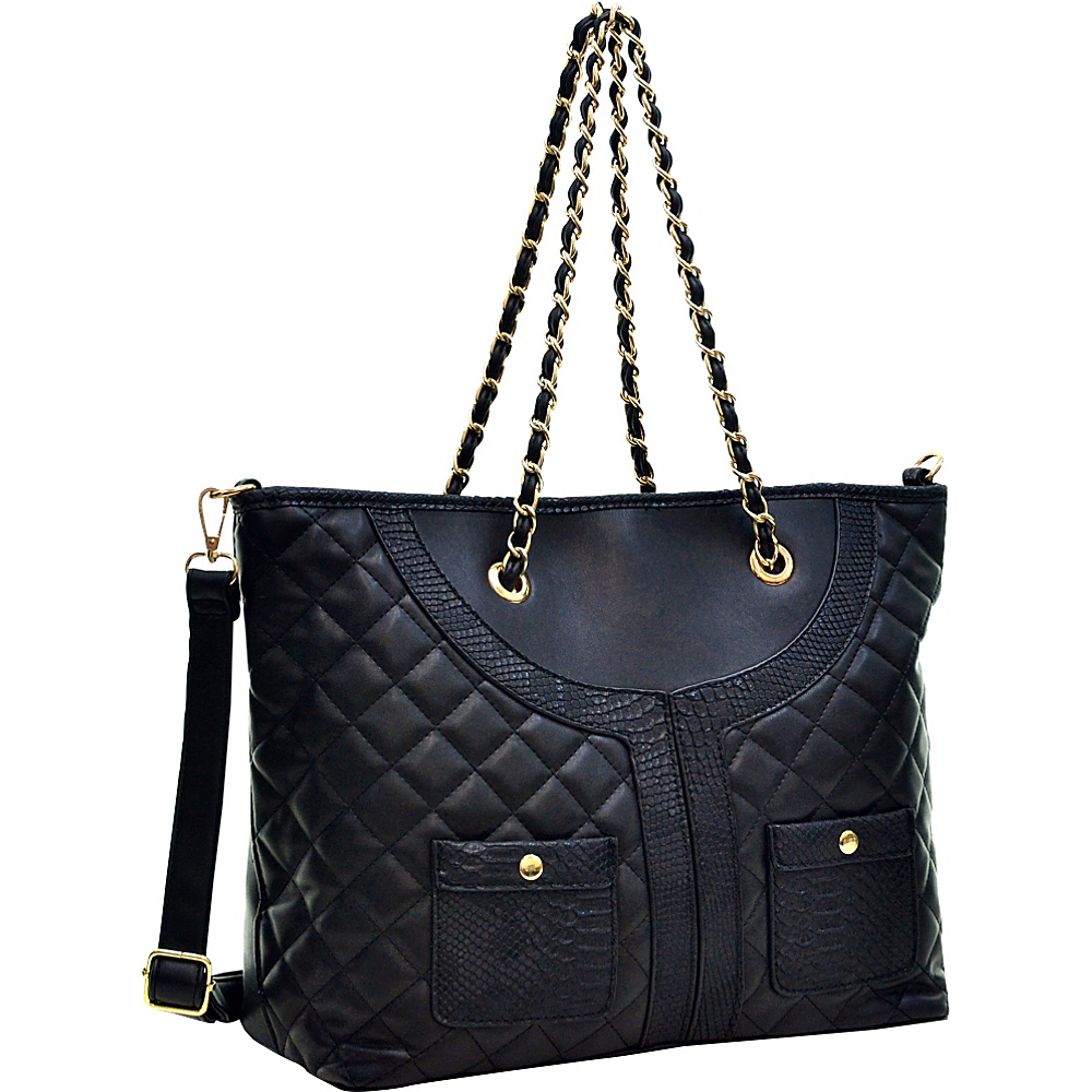 Dasein Quilted Tote Bag with Snake Embossed Trim Black Dasein Manmade Handbags