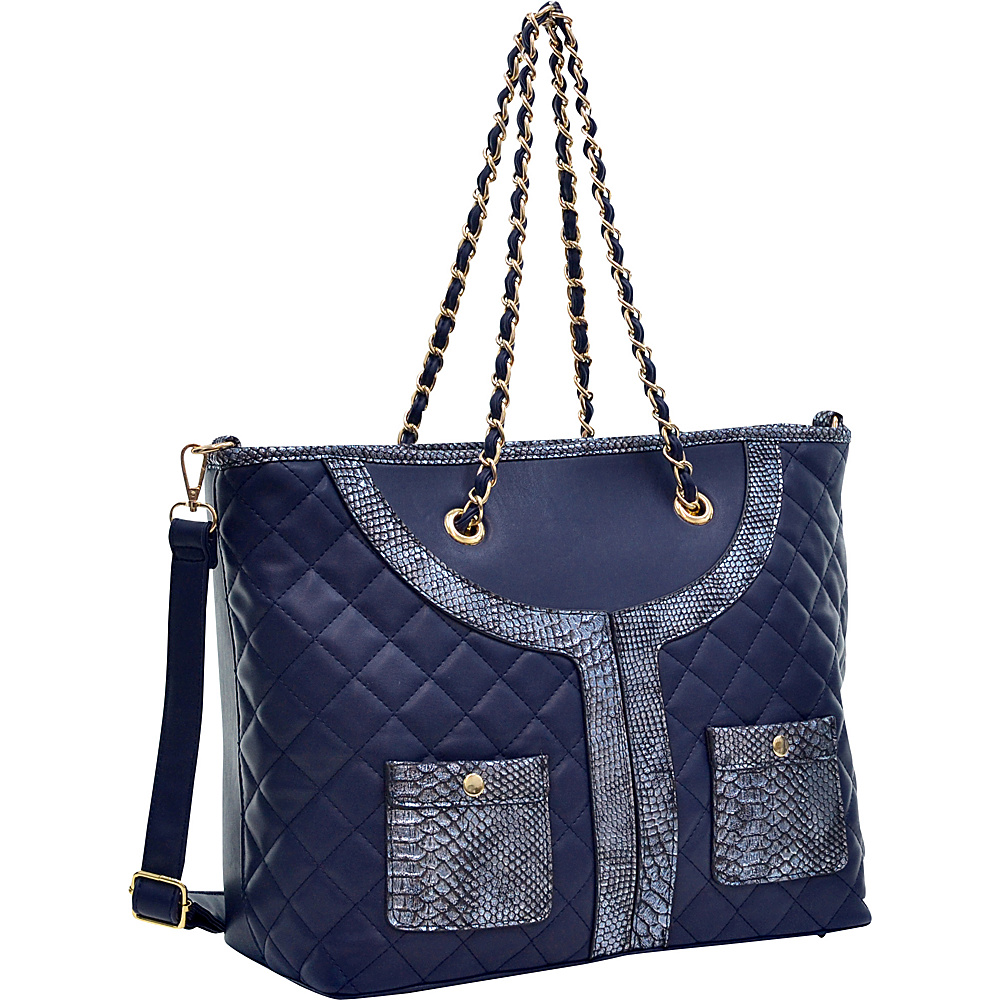 Dasein Quilted Tote Bag with Snake Embossed Trim Blue Dasein Manmade Handbags