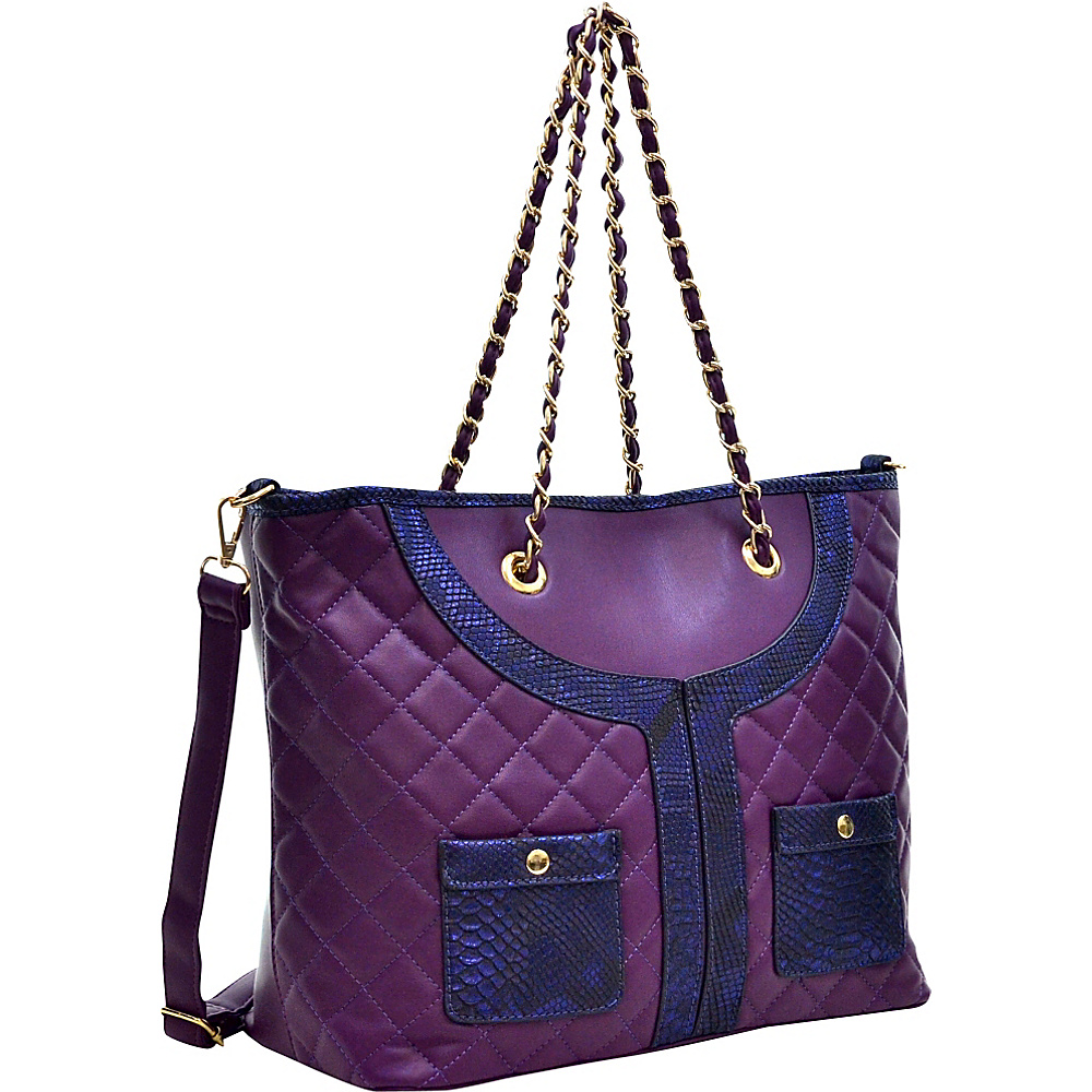 Dasein Quilted Tote Bag with Snake Embossed Trim Purple Dasein Manmade Handbags