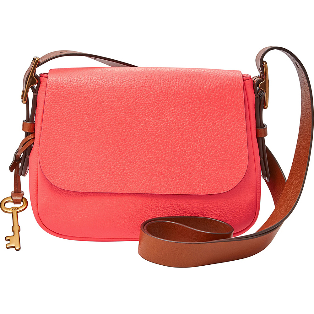Fossil Harper Small Saddle Crossbody Neon Coral Fossil Leather Handbags