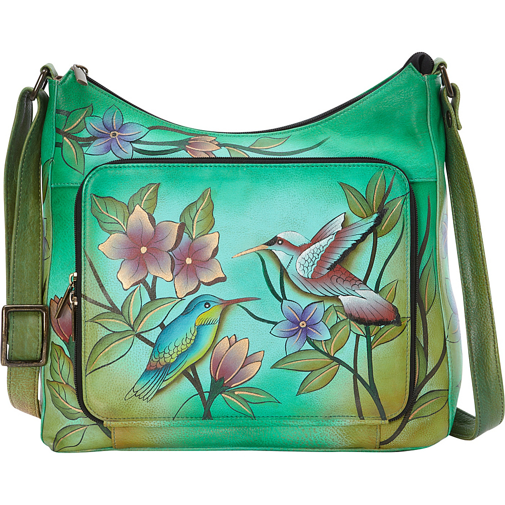 ANNA by Anuschka Hand Painted Leather Large Organizer Birds In Paradise Green ANNA by Anuschka Leather Handbags